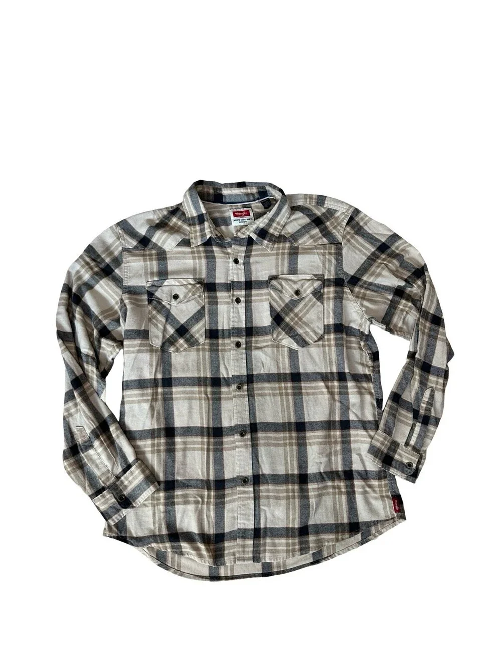 Wrangler Men's XL Snap Front Flannel Shirt Tan Black Plaid Western Fall